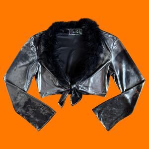 90's vintage silver feather trim bell sleeve long sleeve crop top SMALL